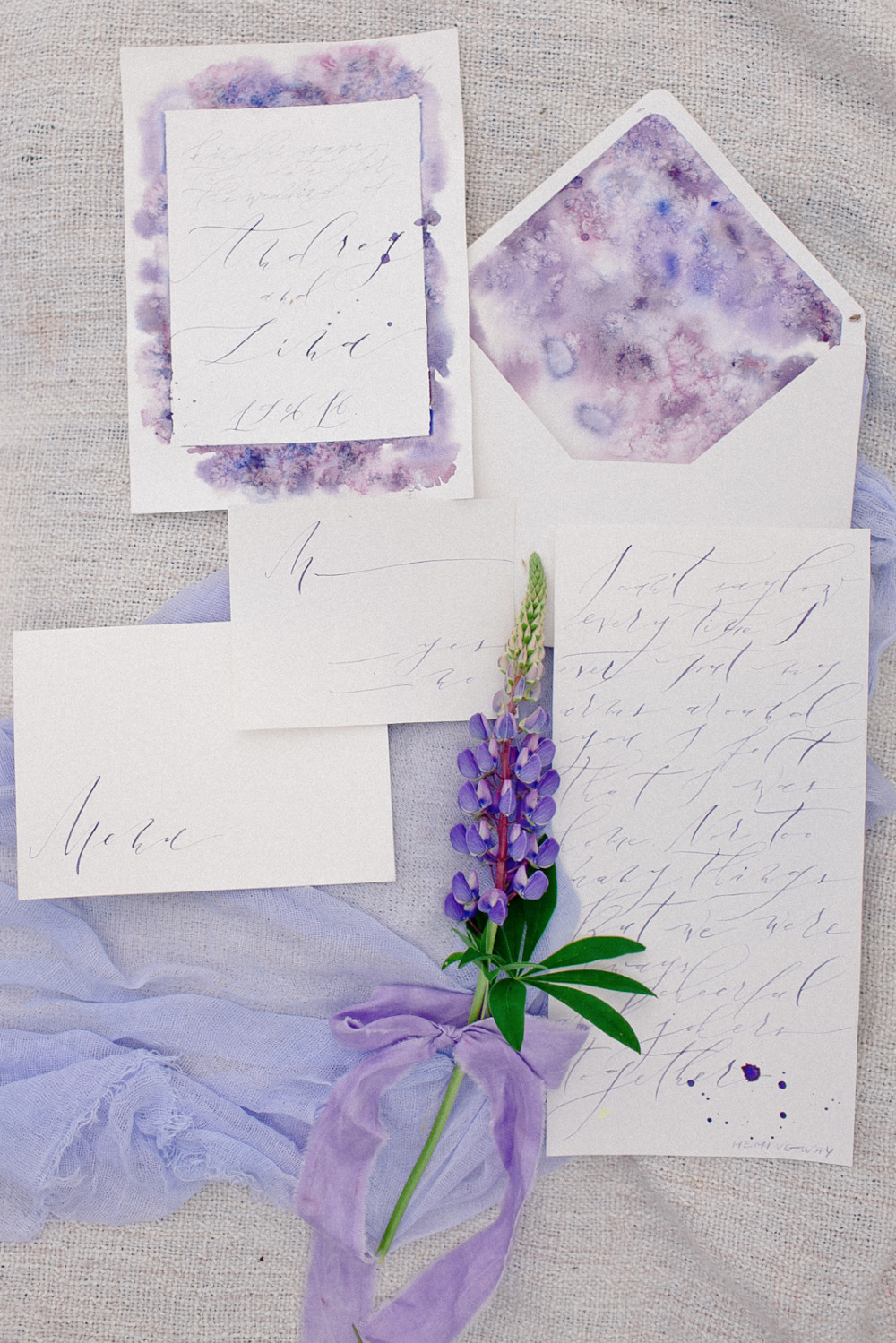 lupine inspired purple watercolor wedding invites