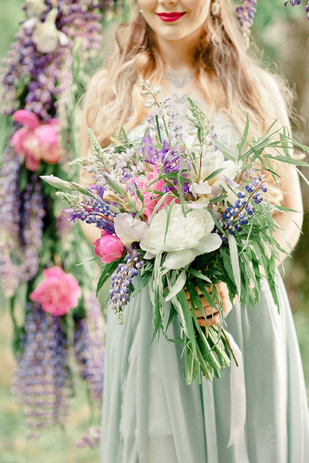 beautiful lupine and willow wedding bouquet