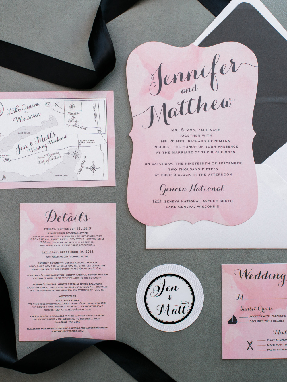 pink watercolor wedding stationery suite