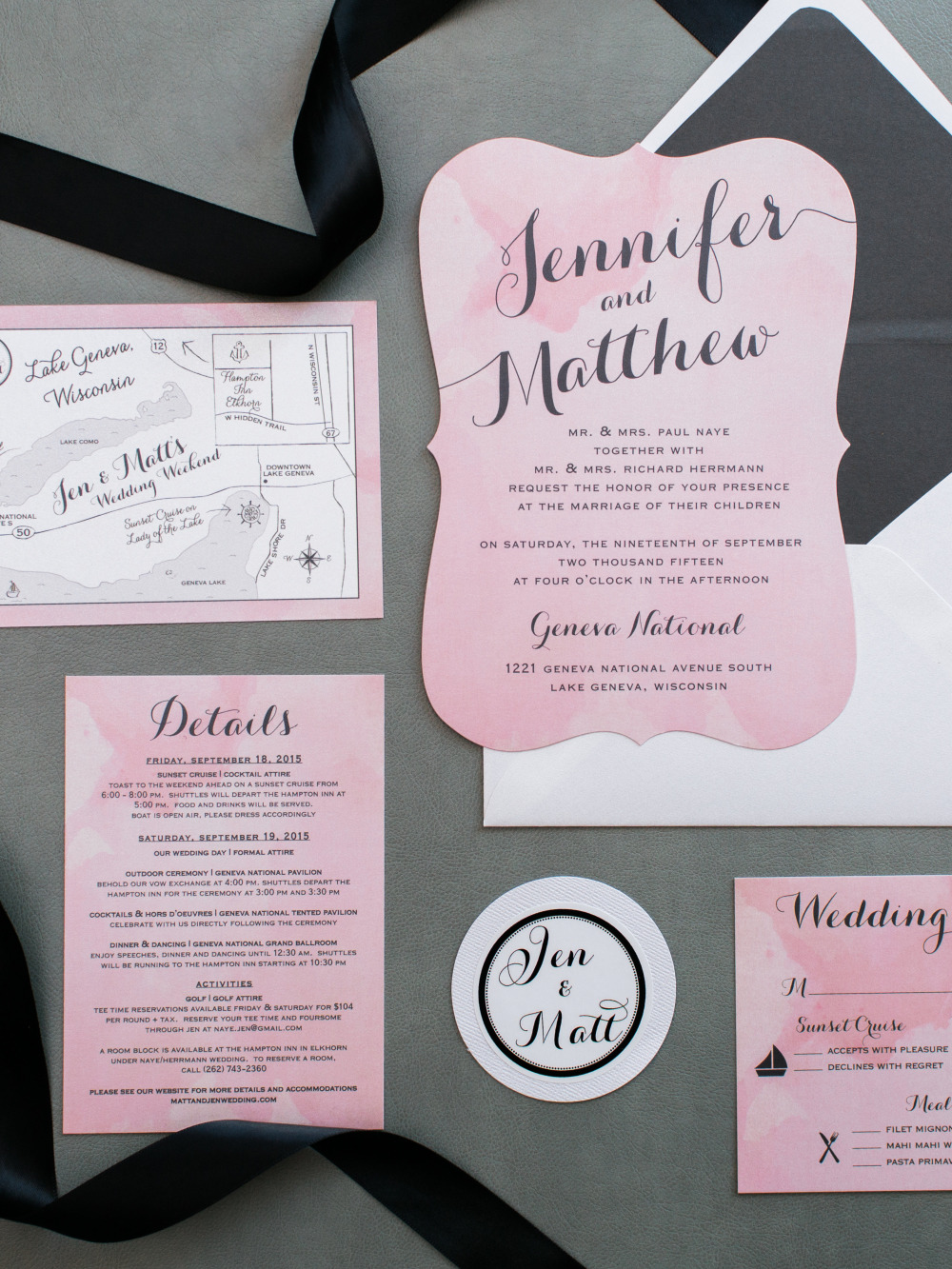 Elegant wedding invitation suite for Jennifer and Matthew