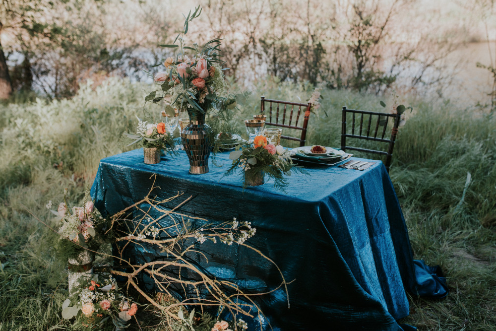 blue and green wedding reception table decor idea