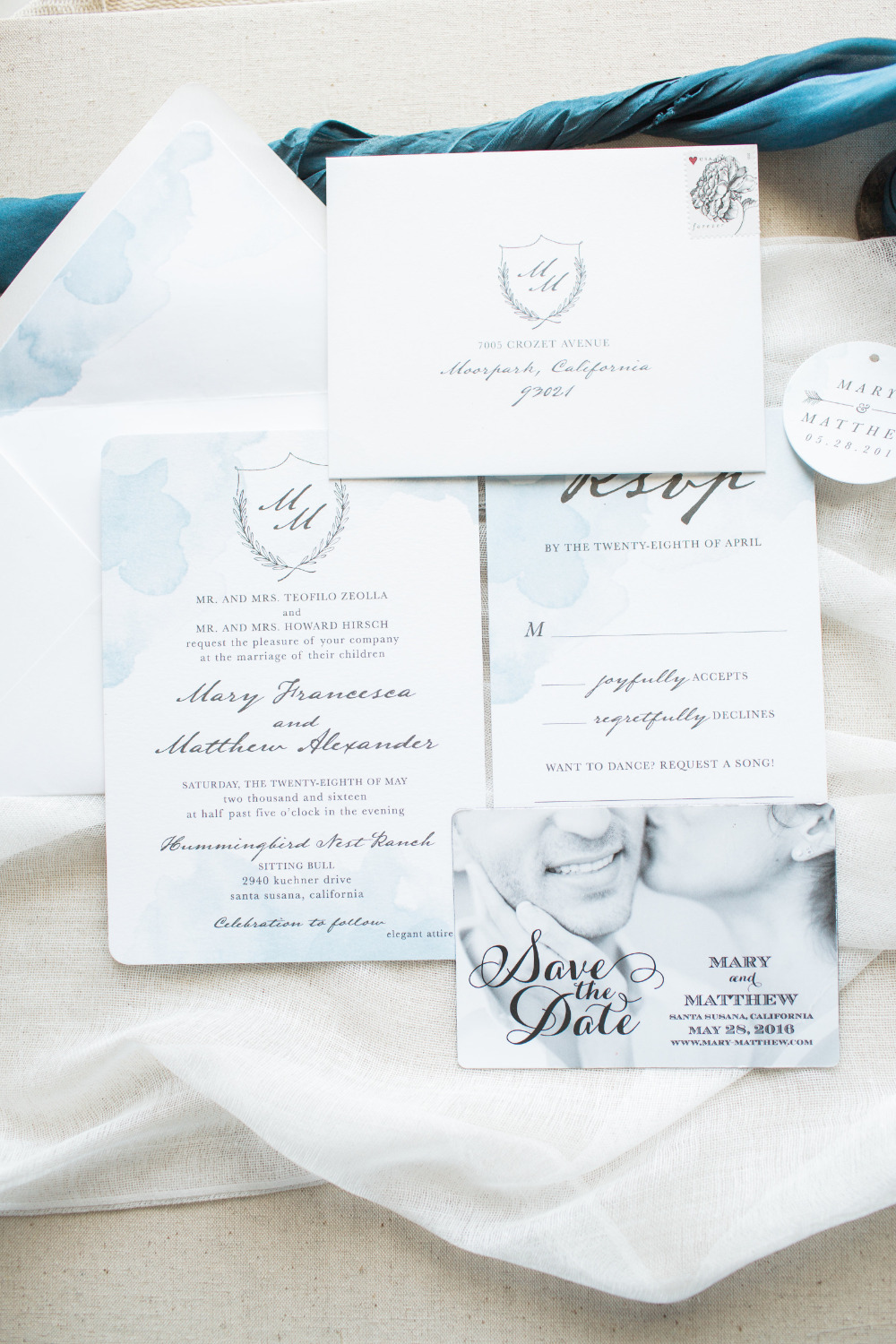 watercolor blue and white wedding invites