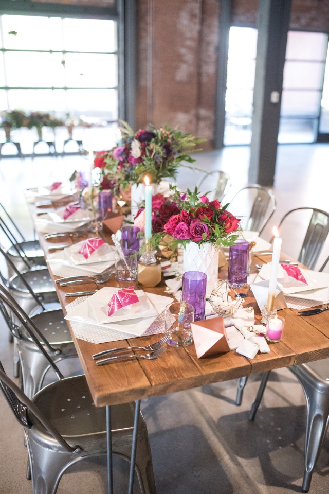 purple pink and gold modern wedding table