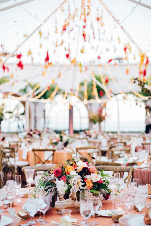 Wedding reception setting with beautiful floral centerpiece