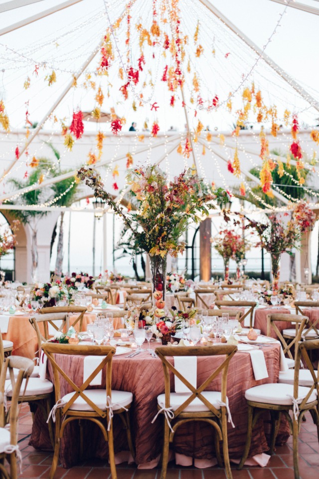 Elegant wedding reception decorated with flowers and lights