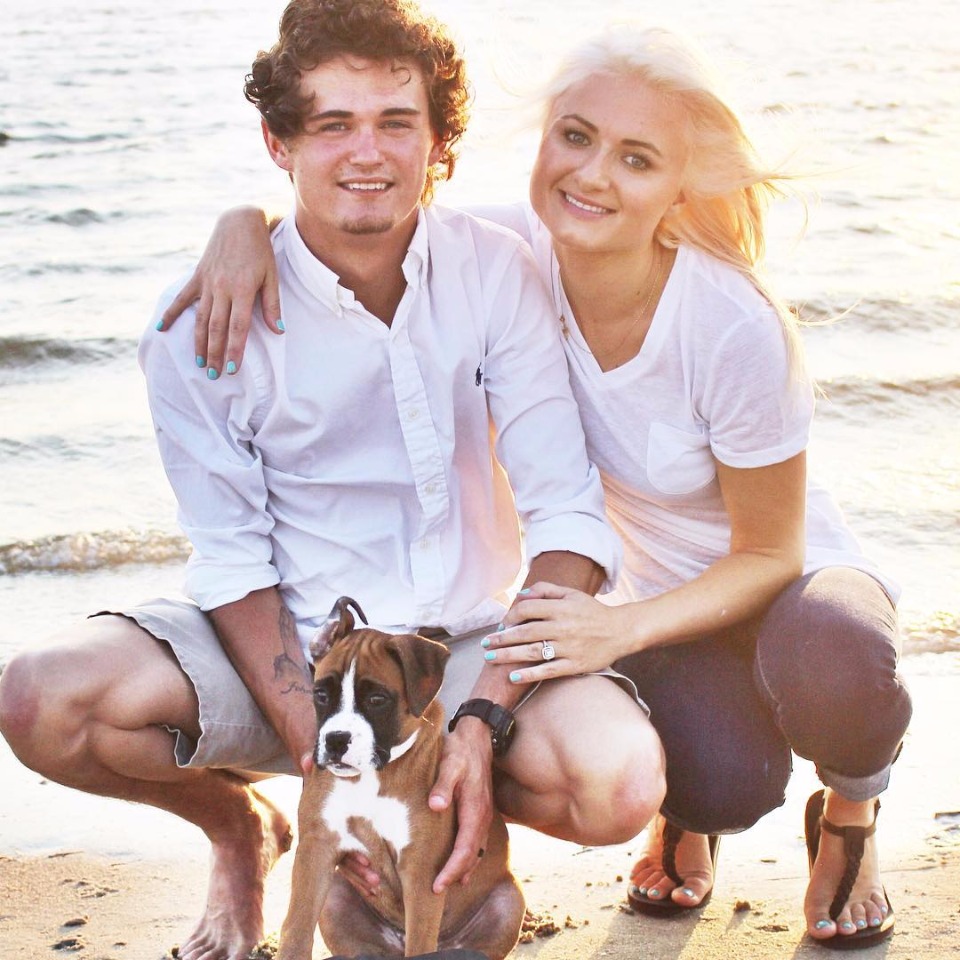 beach engagement with puppy