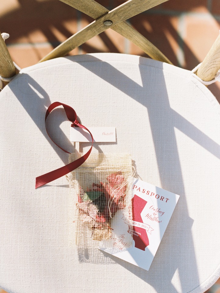 Wedding favors, passport and place card on chair detail