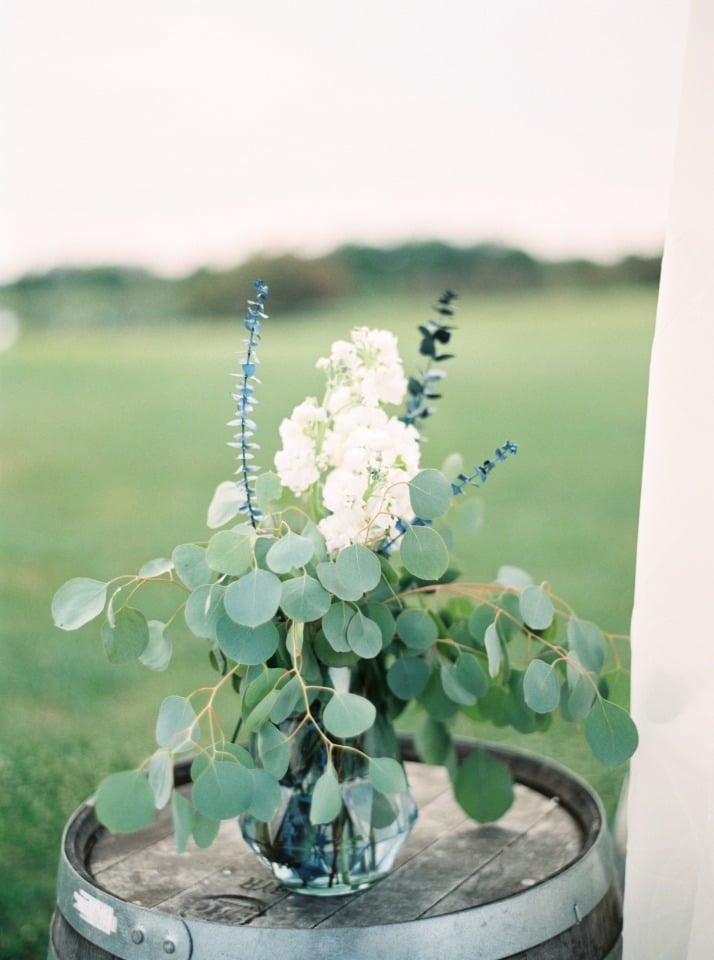 white and blue flower arrangement