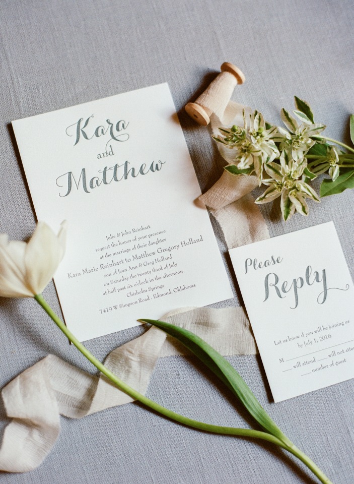 Kara and Matthew wedding invitation suite with floral detail