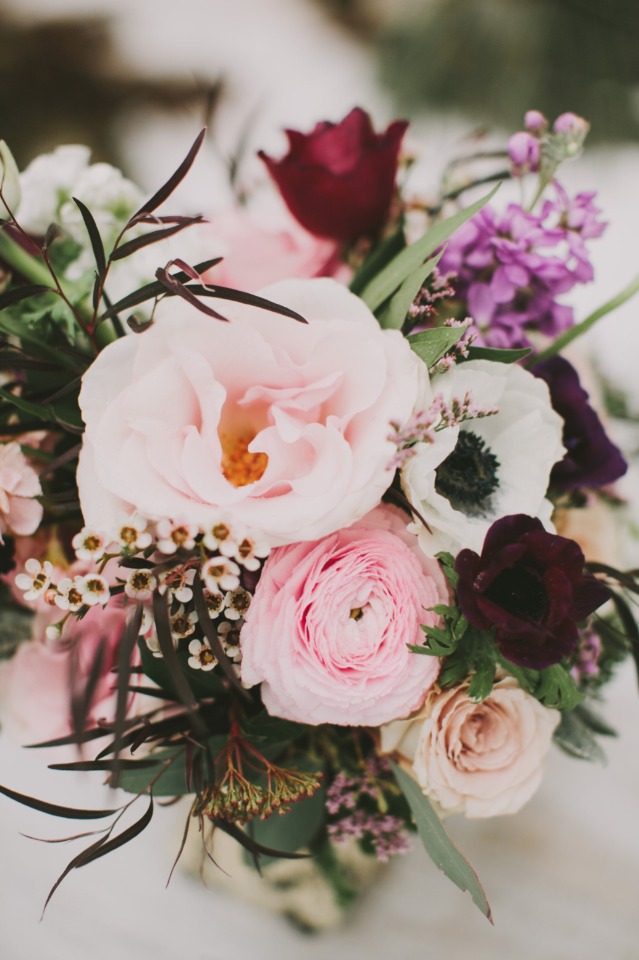 soft pink and deep maroon winter wedding flowers