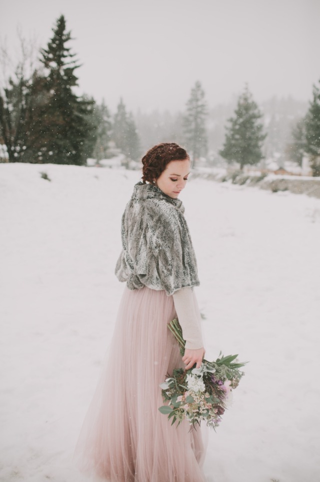 cozy bridal look in fur and pink tulle