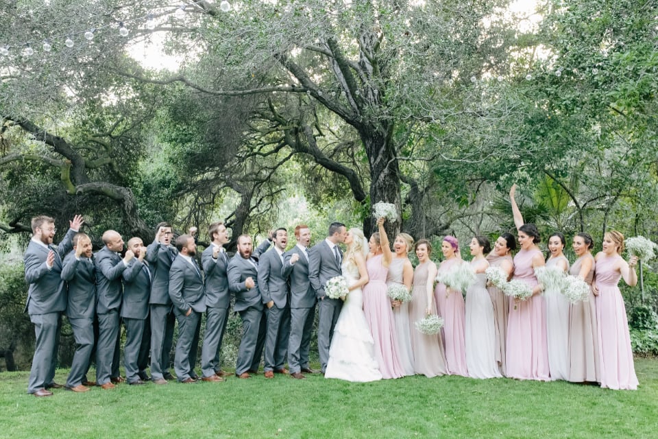 grey and pink wedding party looks