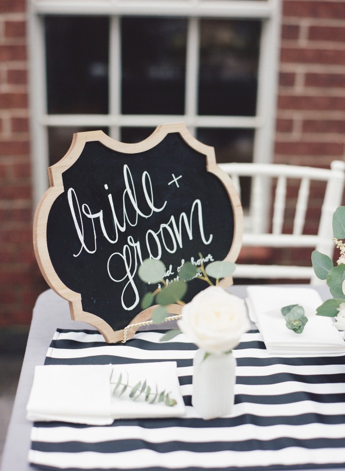 Wedding sign with bride and groom written on a chalkboard