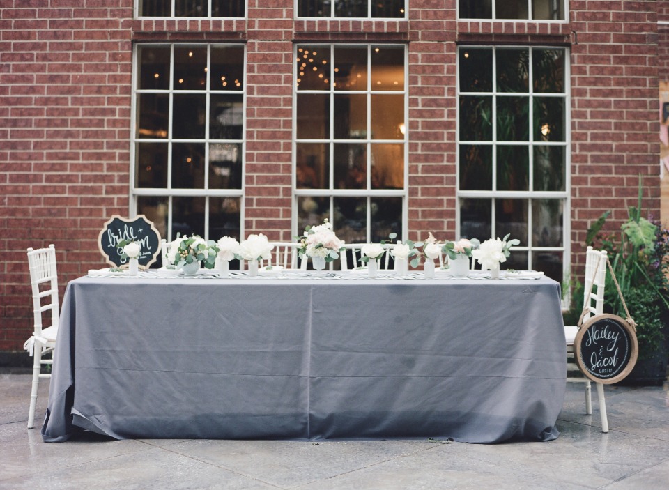Wedding reception table with flowers and bride and groom signs