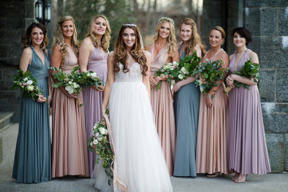 bridesmaids in twist wrap dresses