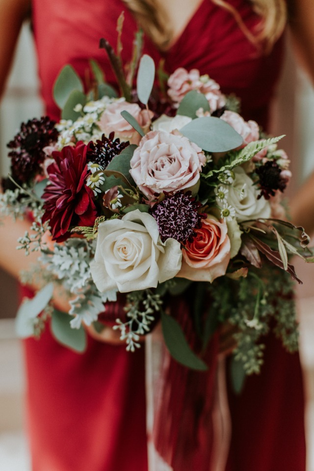Muted blush and red bridesmaid bouquet