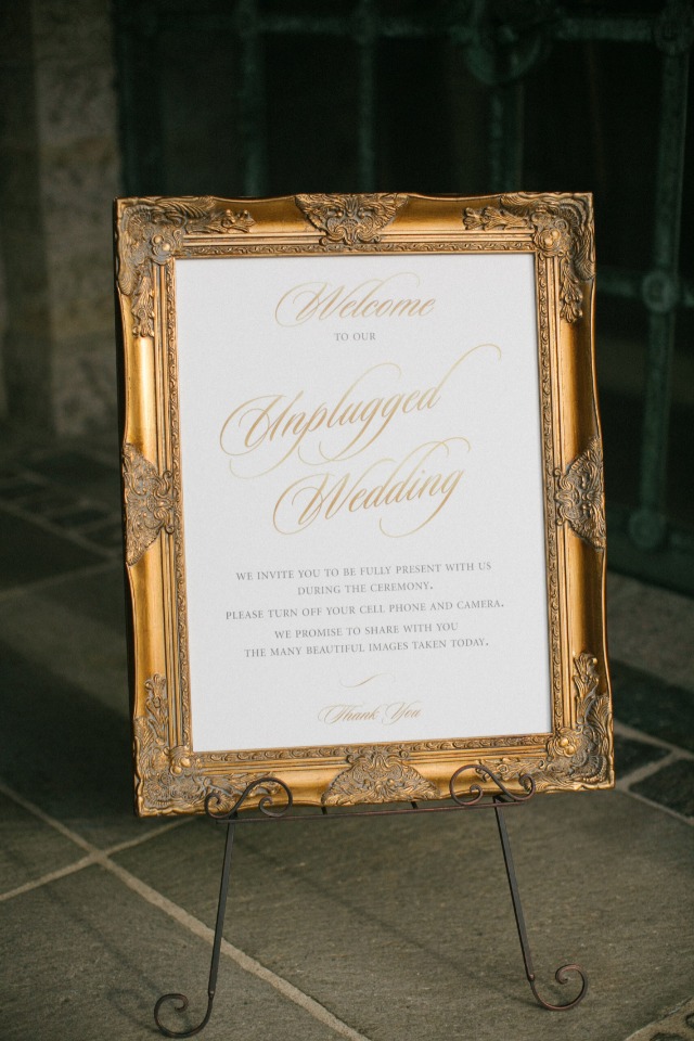Gold framed unplugged wedding sign idea