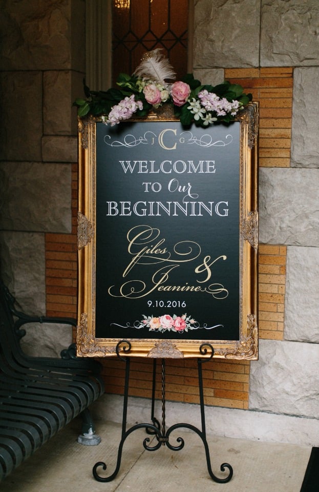 Welcome wedding sign in a gold frame with florals