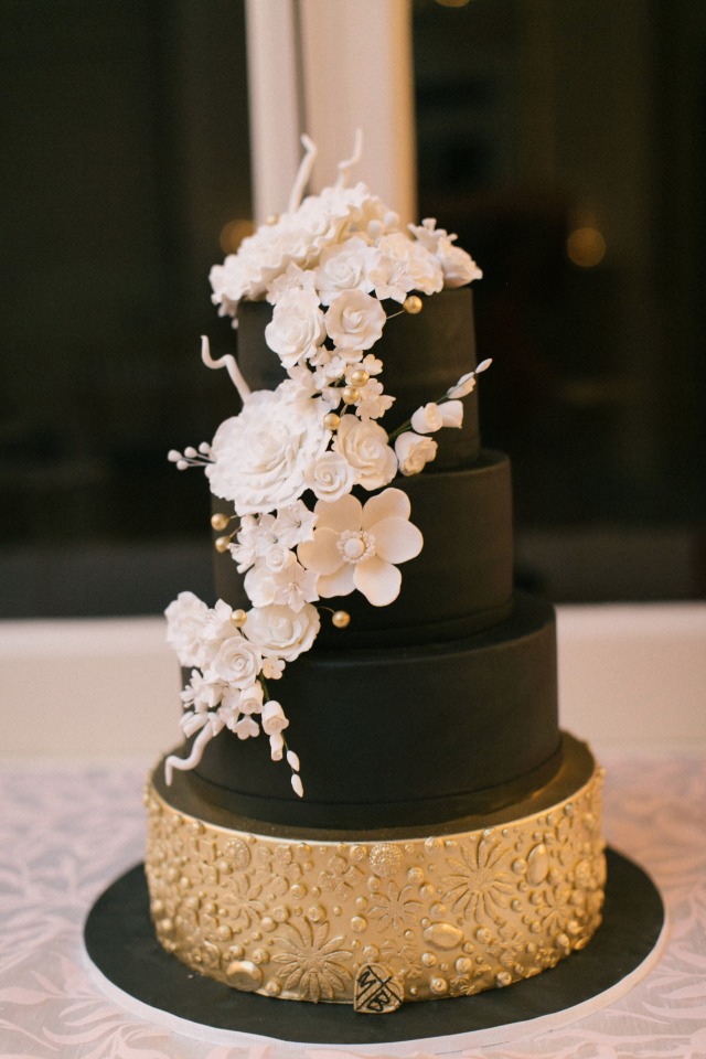Black white and gold wedding cake