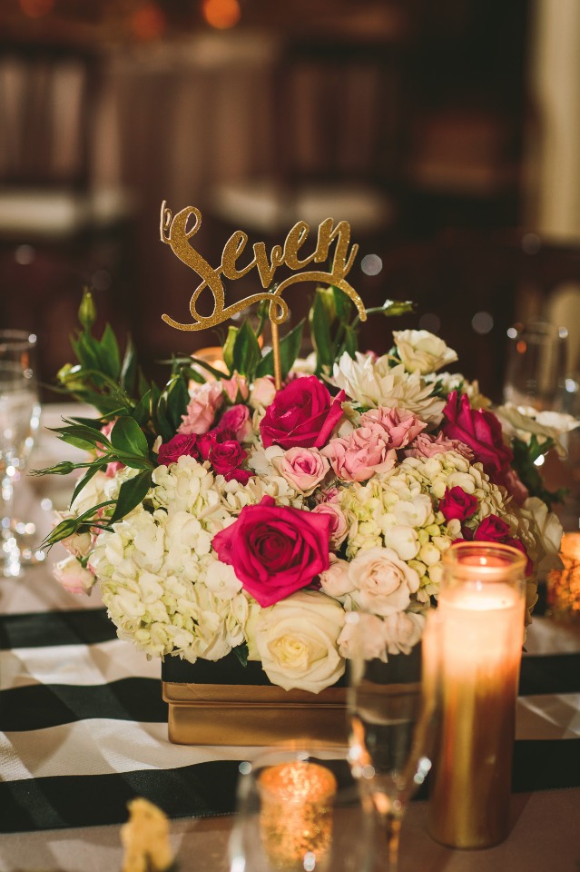flower box centerpiece and table number