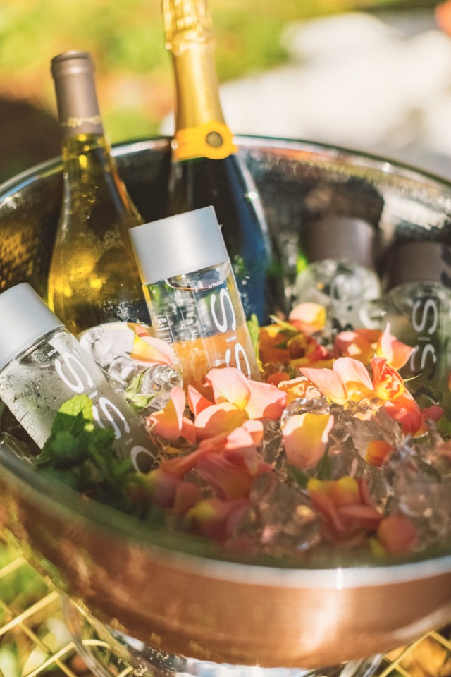 water and champagne on ice