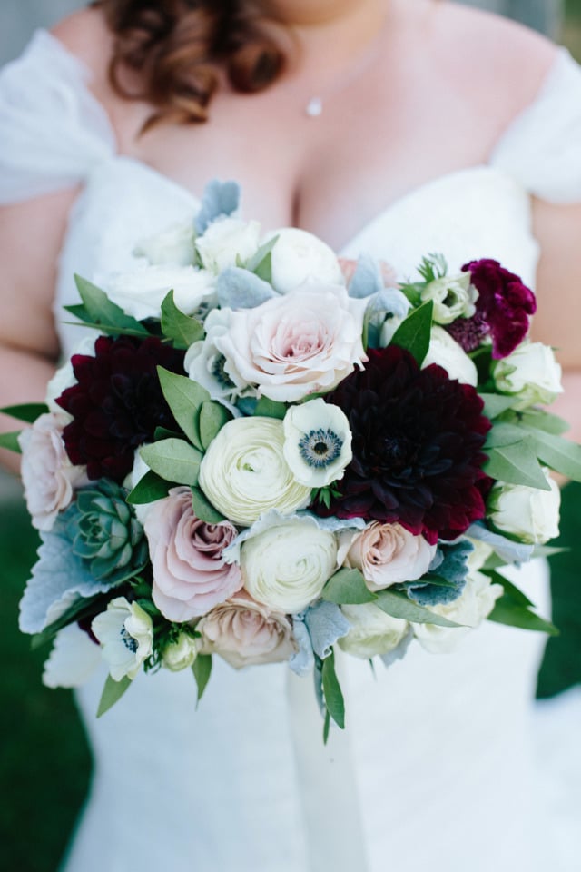 white pink and deep red wedding bouquet
