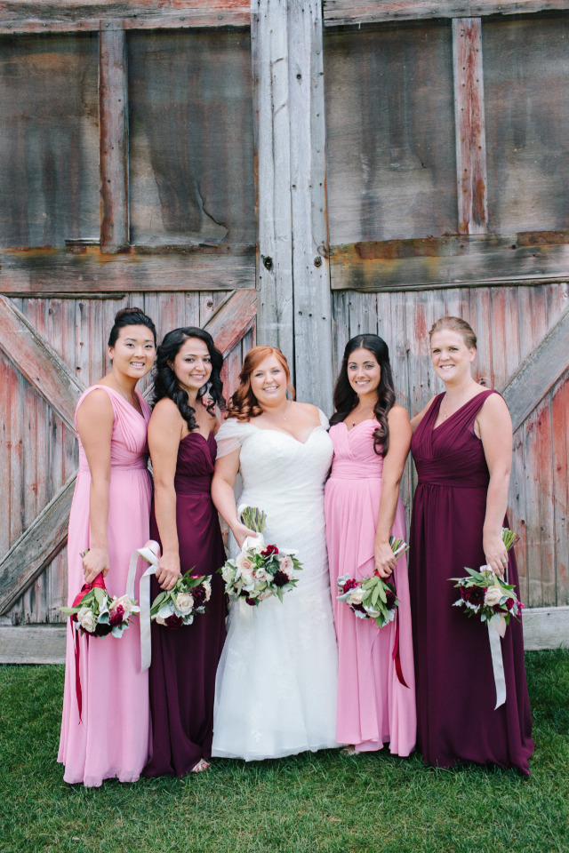 pink and red-purple bridesmaids dresses