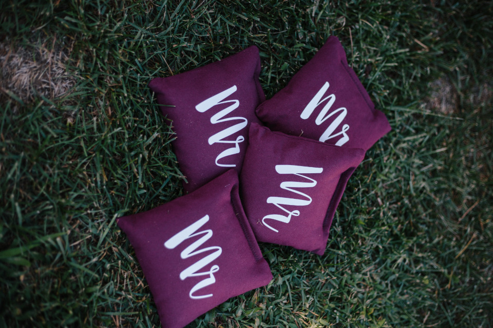 dark purple wedding corn hole bags
