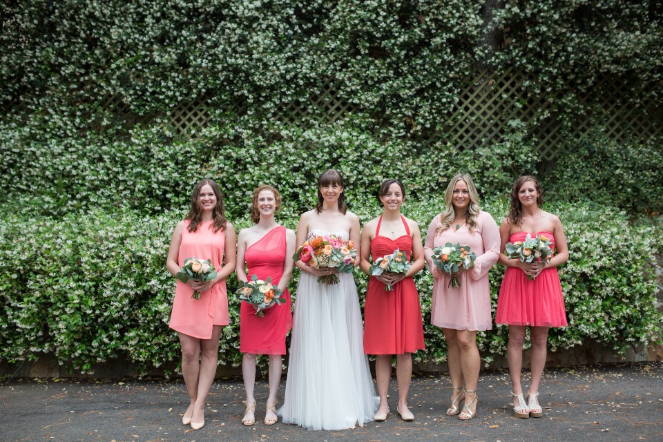 mis matched coral bridesmaid dresses
