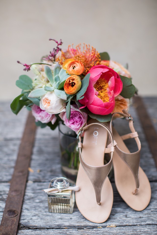 bright wedding bouquet and wedding shoes
