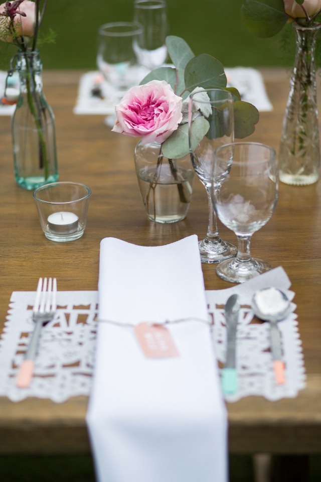peach and teal wedding place setting