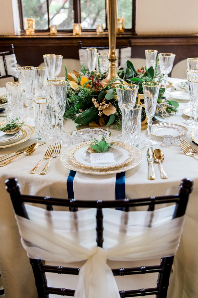 gold and blue formal dinner reception