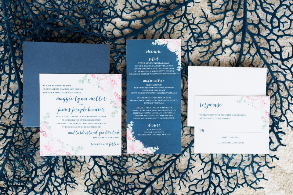 blue and pink wedding stationery