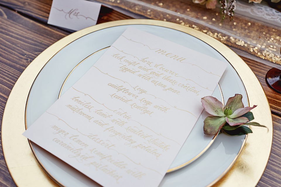 Gold calligraphy wedding menu