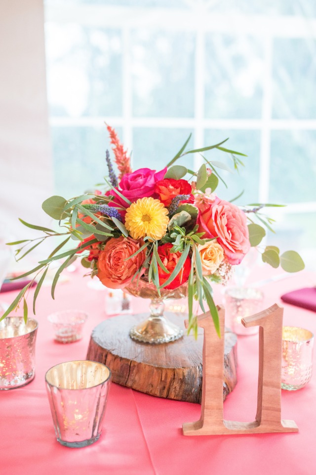 Pretty centerpiece with large wood table numbers