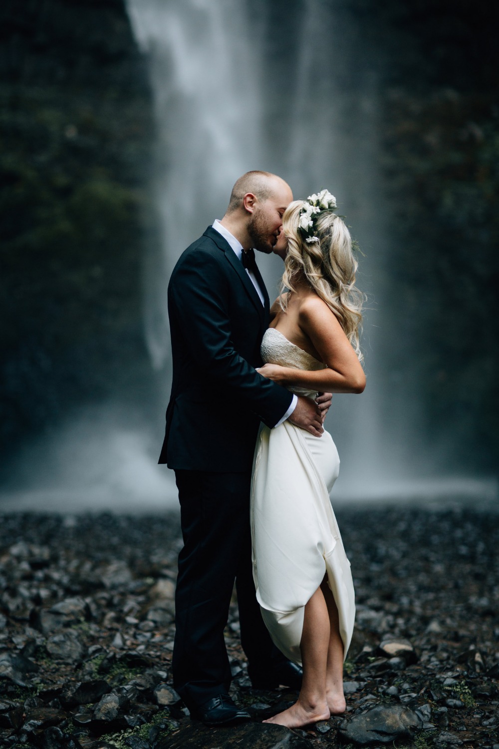 Bride and groom waterfall photo