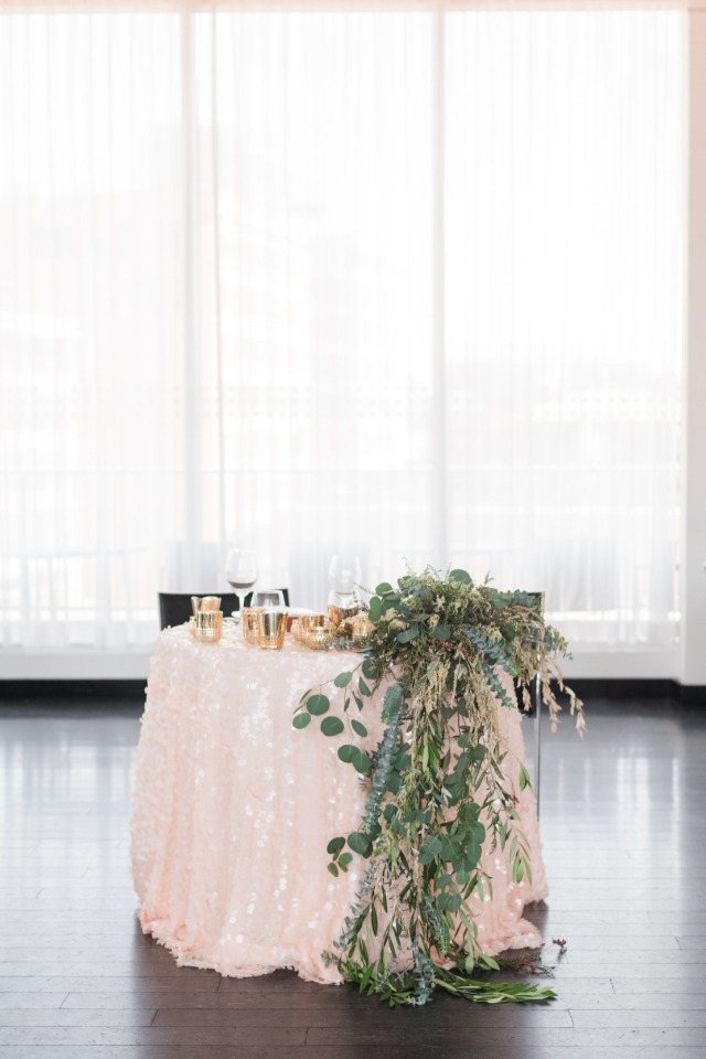 soft blush sequin linen for the sweetheart table