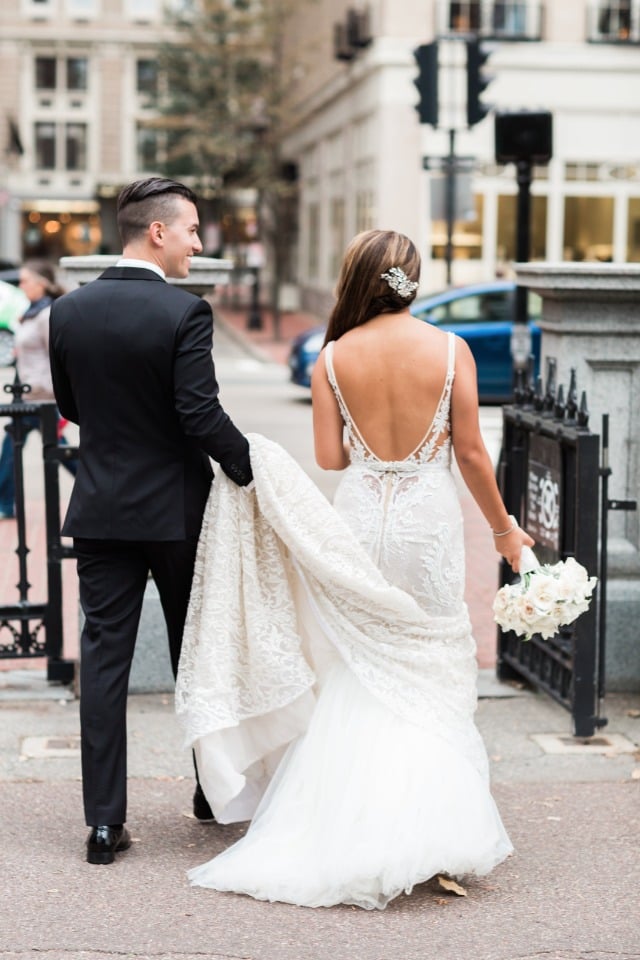 bride and groom on the streets of Boston