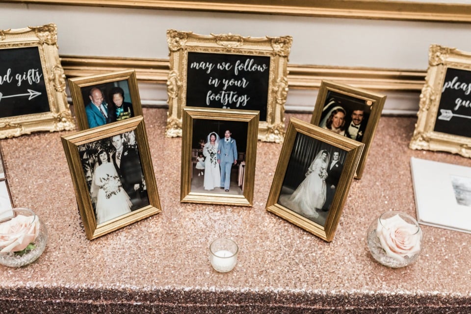 gold framed wedding family photos