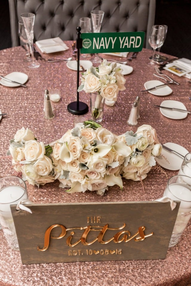 sequin wedding table linens and street sign table names