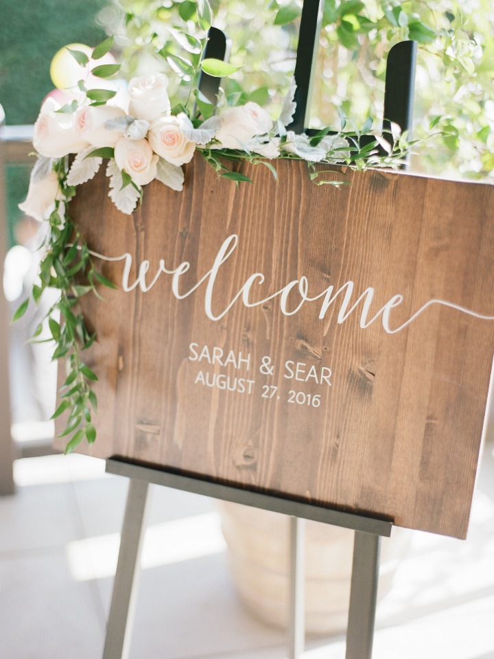 wood white script wedding welcome sign