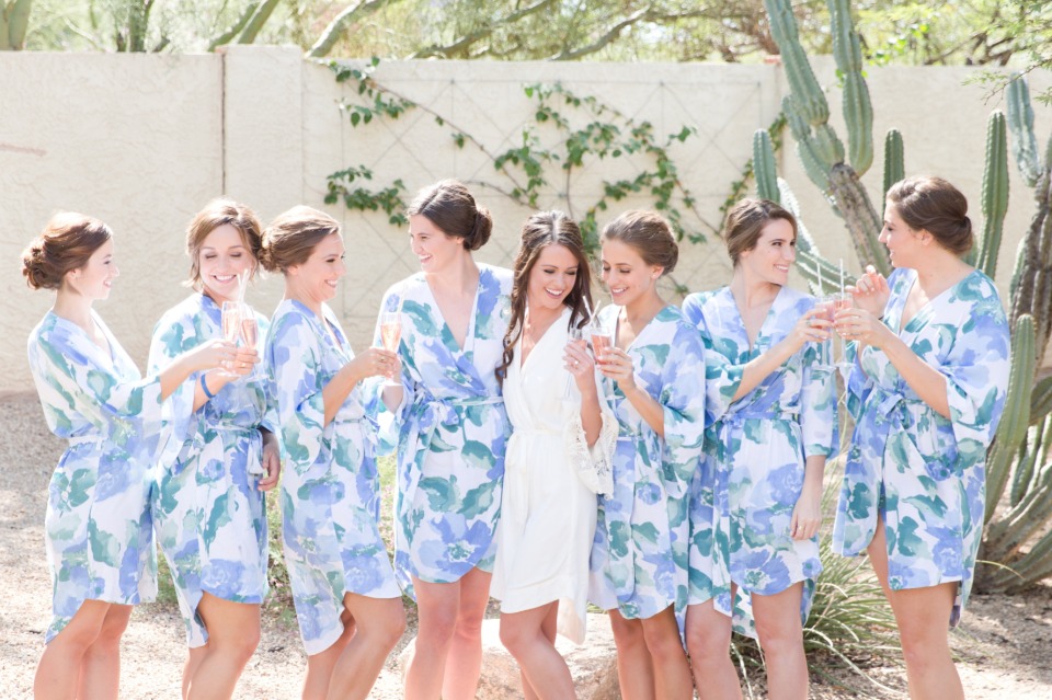 Bridesmaids in floral robes