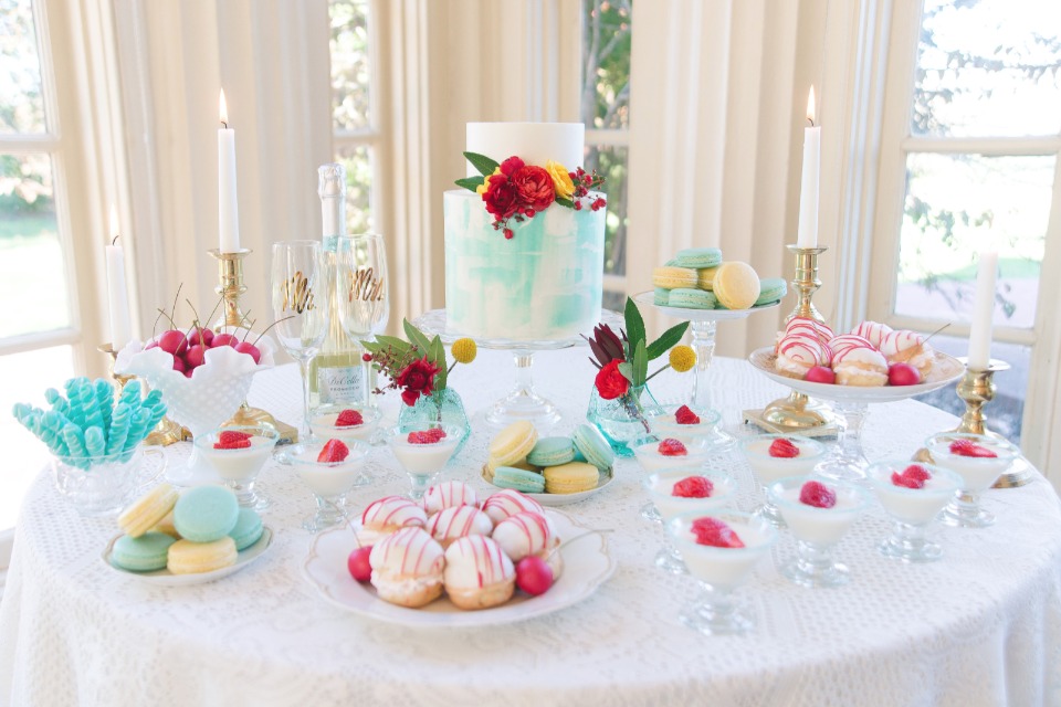 Vintage chic red and blue dessert table spread