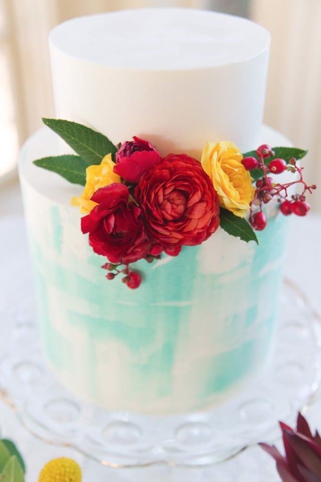 Blue watercolor cake with red and yellow florals