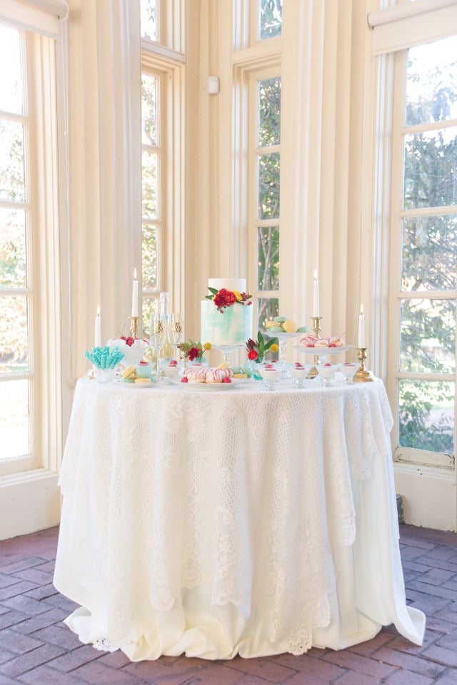 Vintage chic red and blue dessert table
