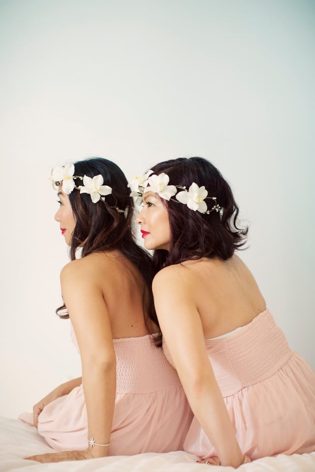 bridesmaids in matching pink and flower halos