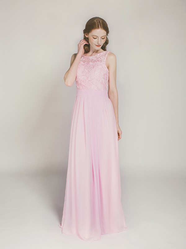 blush floor length chiffon and lace bridesmaid dress