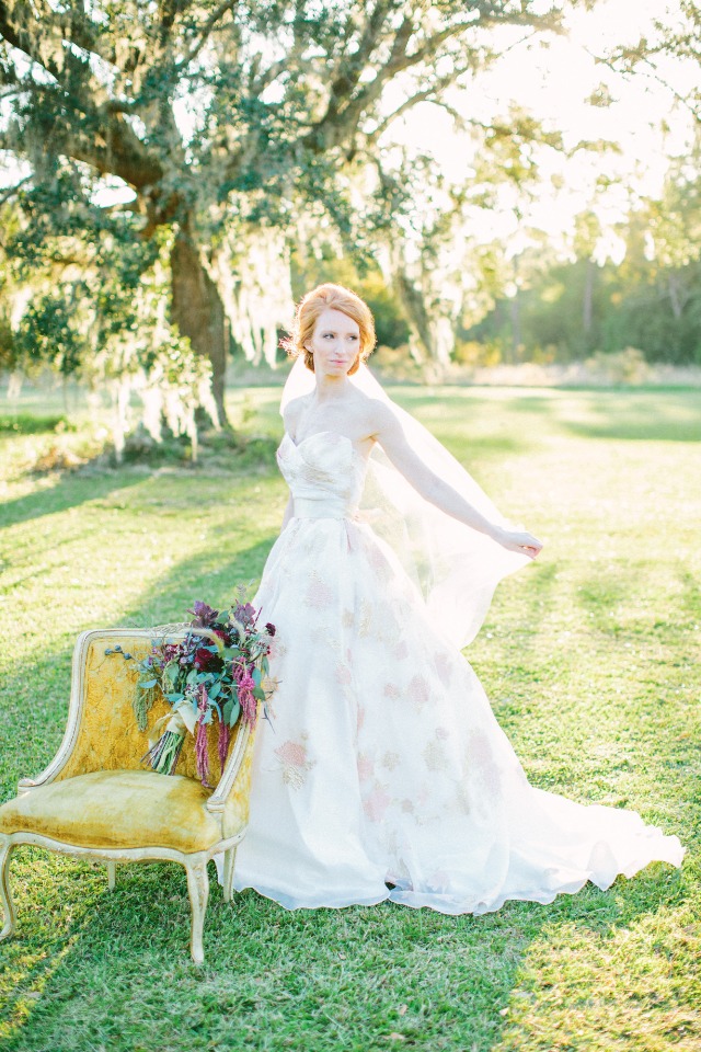 Floral watercolor print wedding gown