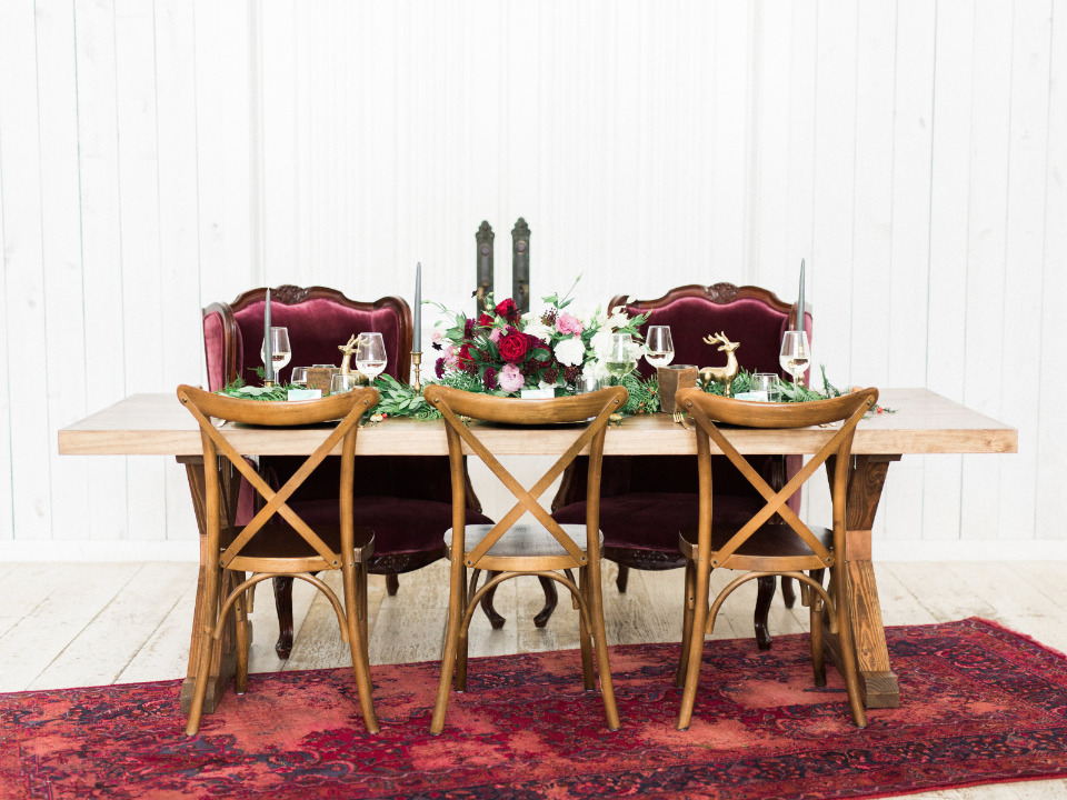 red white and green winter wedding reception