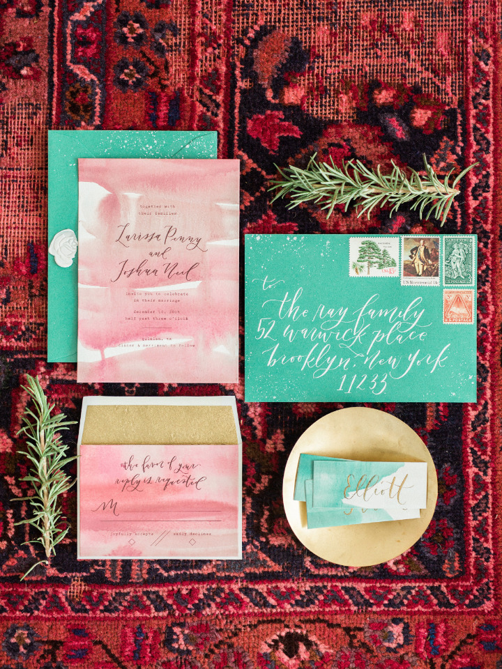 red and green watercolor wedding invites